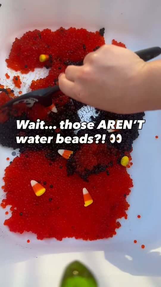 Wait… those aren’t water beads? A Halloween tapioca pearl sensory bin