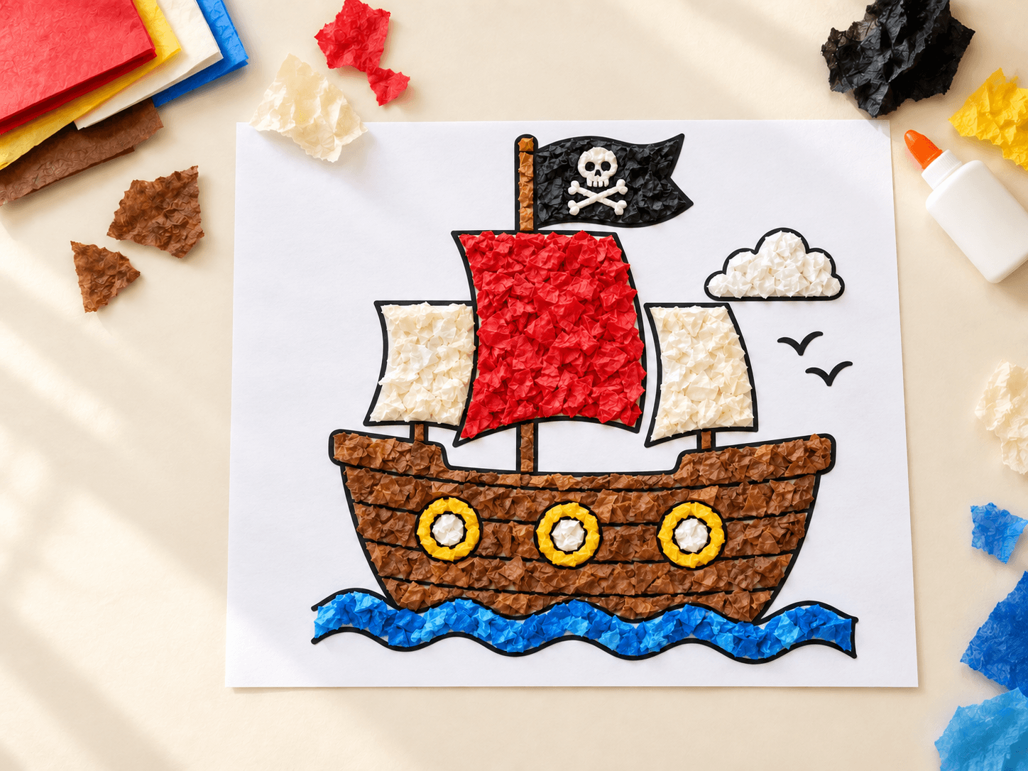 Tear and Roll Tissue Paper Pirate Ship Craft